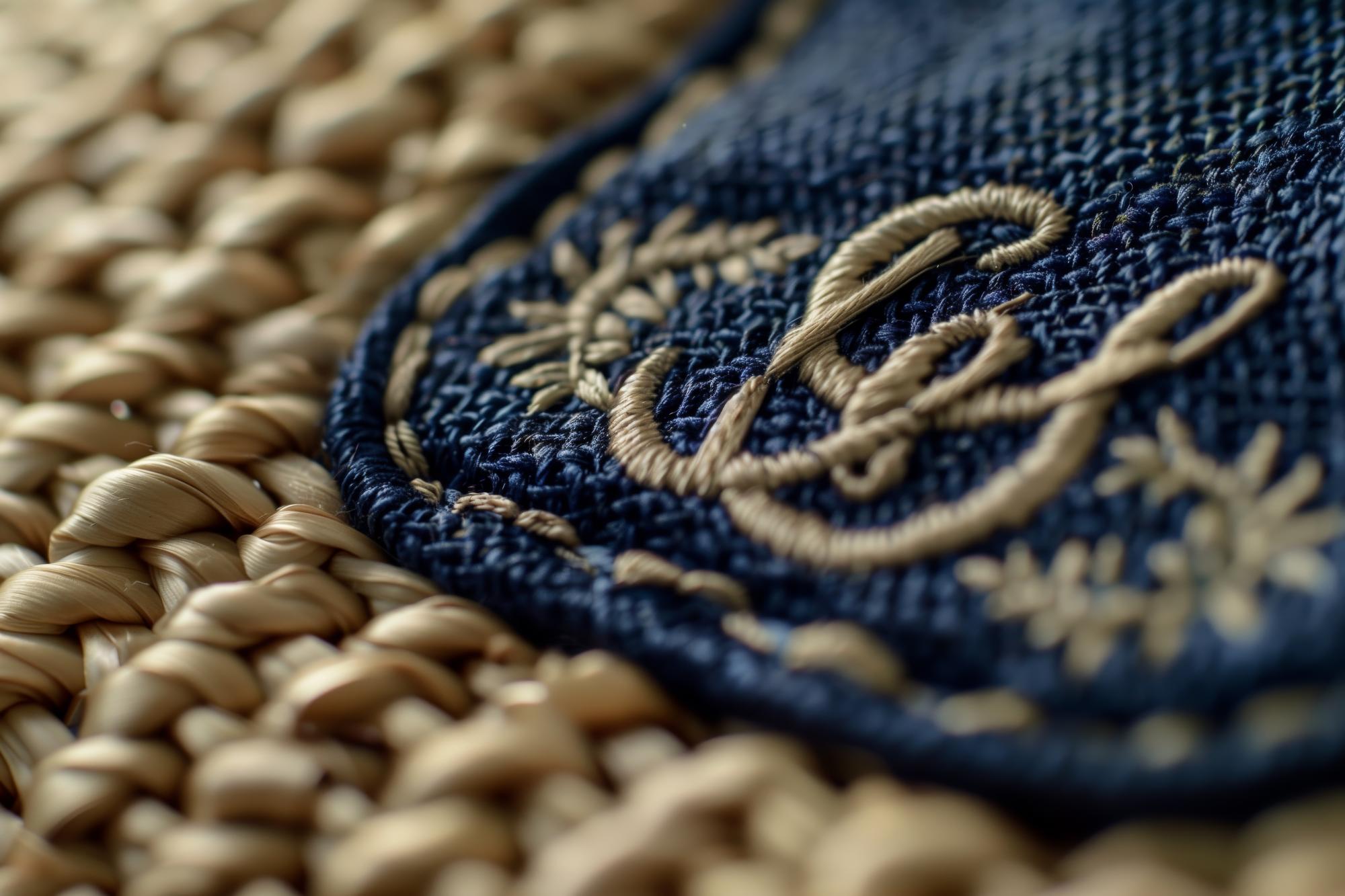 close-up of machine-guided embroidered pattern on linen